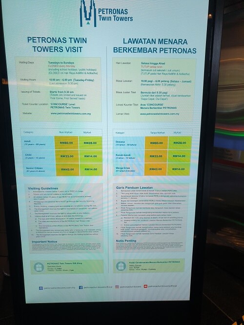 Petronas Twin Tower Prices and opening times