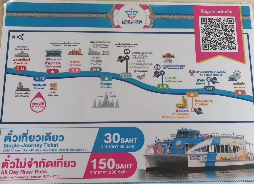 Map of the stops on Chao Phraya Tourist Boat