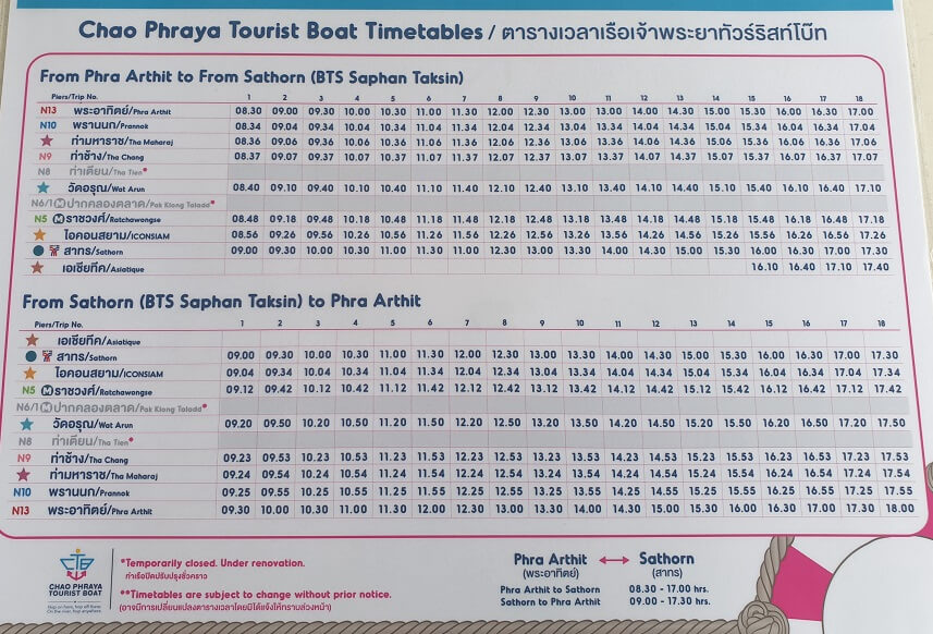 Chao Phraya Tourist Boat Timetable