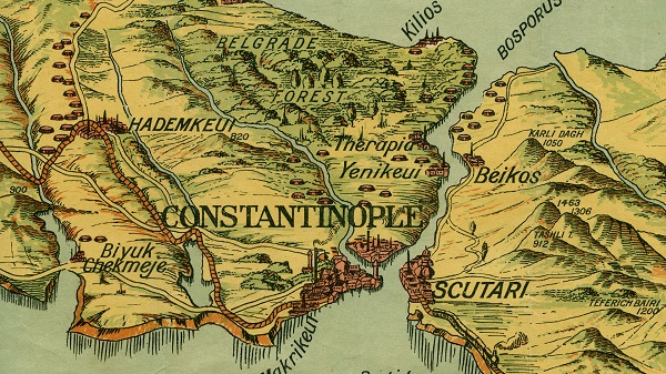 This map of Constantinople clearly shows the Bosphorus disecting the city