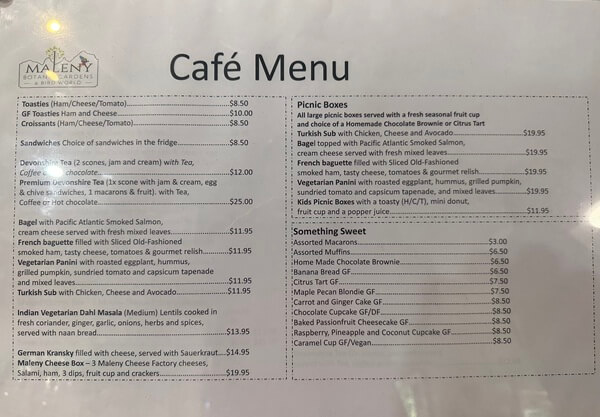 Maleny Botanic Gardens & Bird World Cafe Menu