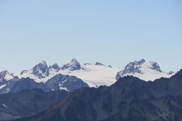 The mountains around Hurricane Ridge are white with snow and glaciers most of the year.